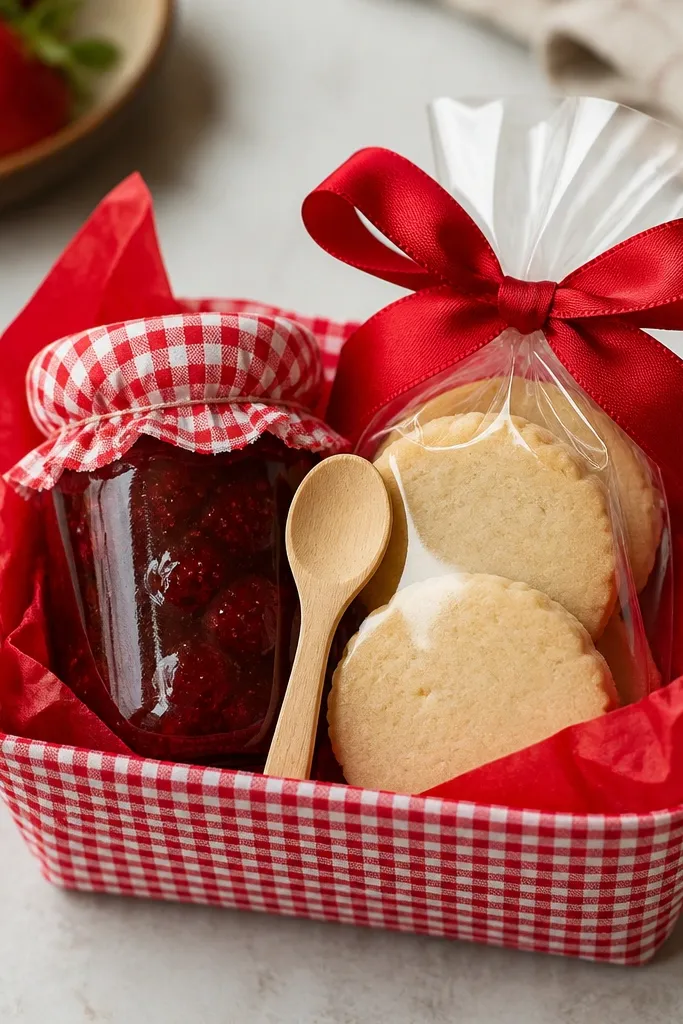 A small red-and-white gingham basket lined with red tissue, a jar of strawberry jam, a pack of shortbread cookies, a mini wooden spoon, and a red ribbon bow on top.