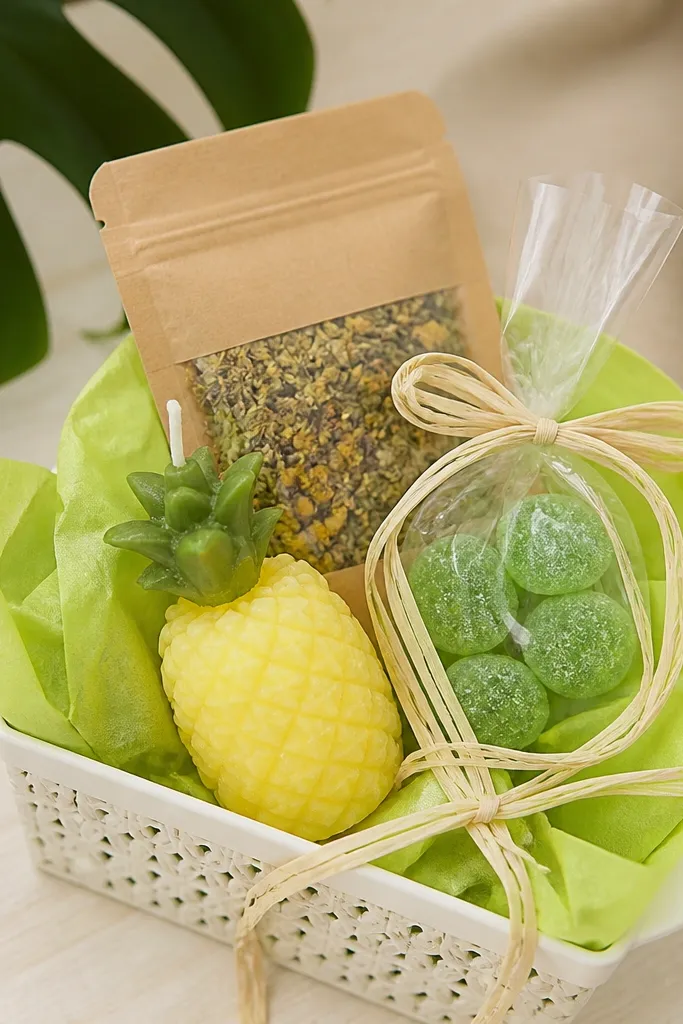 A small white basket with lime green tissue, a mini pineapple-shaped candle, lime candy in a clear bag, a packet of herbal tea, and a thin palm-leaf ribbon.