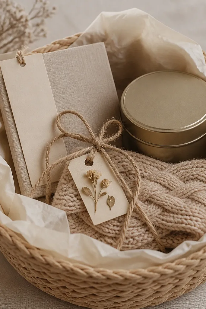 A neutral beige basket lined with cream tissue, a small book with a beige bookmark, a tin of tea, a knit headband, and a twine bow with a tiny dried flower pressed tag.