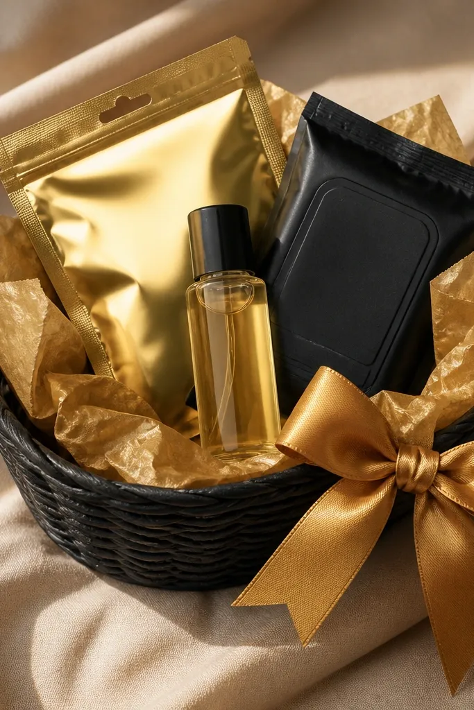 A small black basket with gold tissue, a mini bottle of body oil in the center, a gold foil face mask packet, black cotton makeup wipes, and a gold ribbon bow.