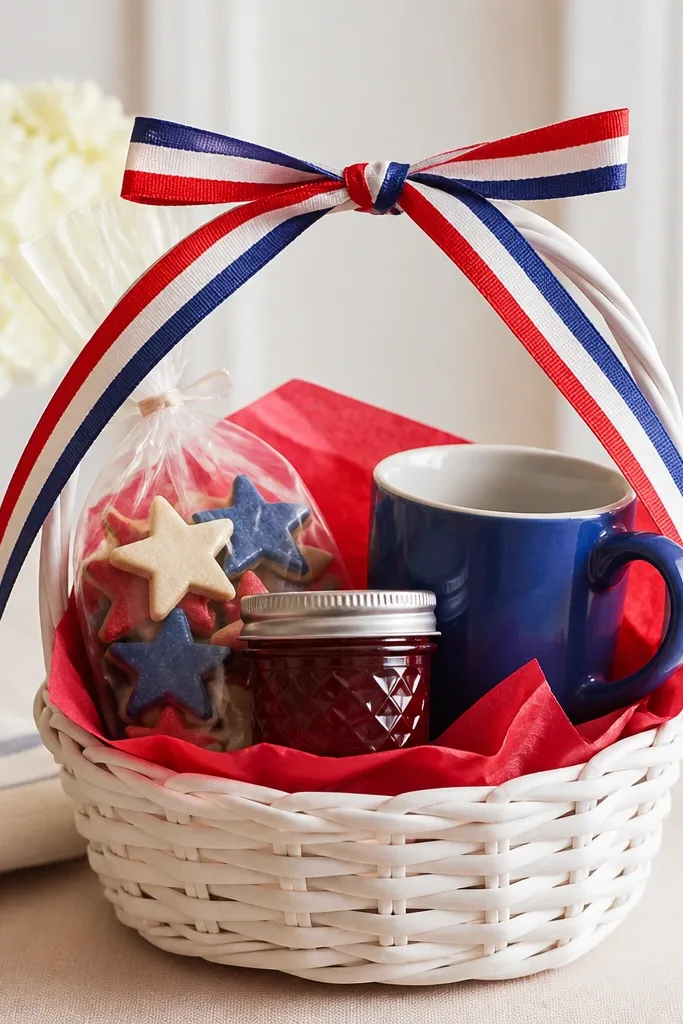A small white basket lined with red tissue, a mini jar of jam, a packet of star-shaped cookies, a small blue mug, and a red-white-blue ribbon wrapped around the handles.