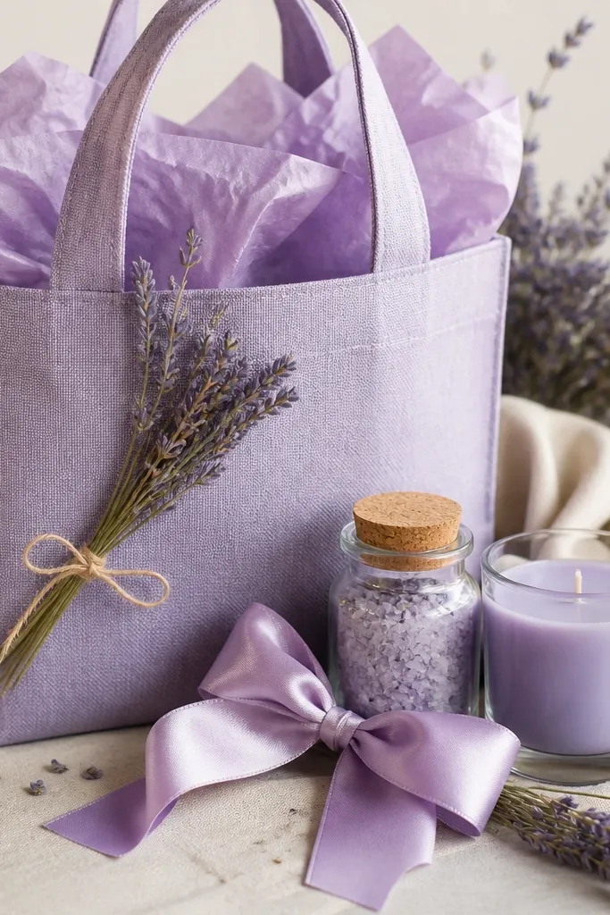 A lavender fabric tote with light purple tissue, a lavender-scented candle, a mini bath salt jar, a lilac ribbon bow, and a small lavender sprig tied with string.