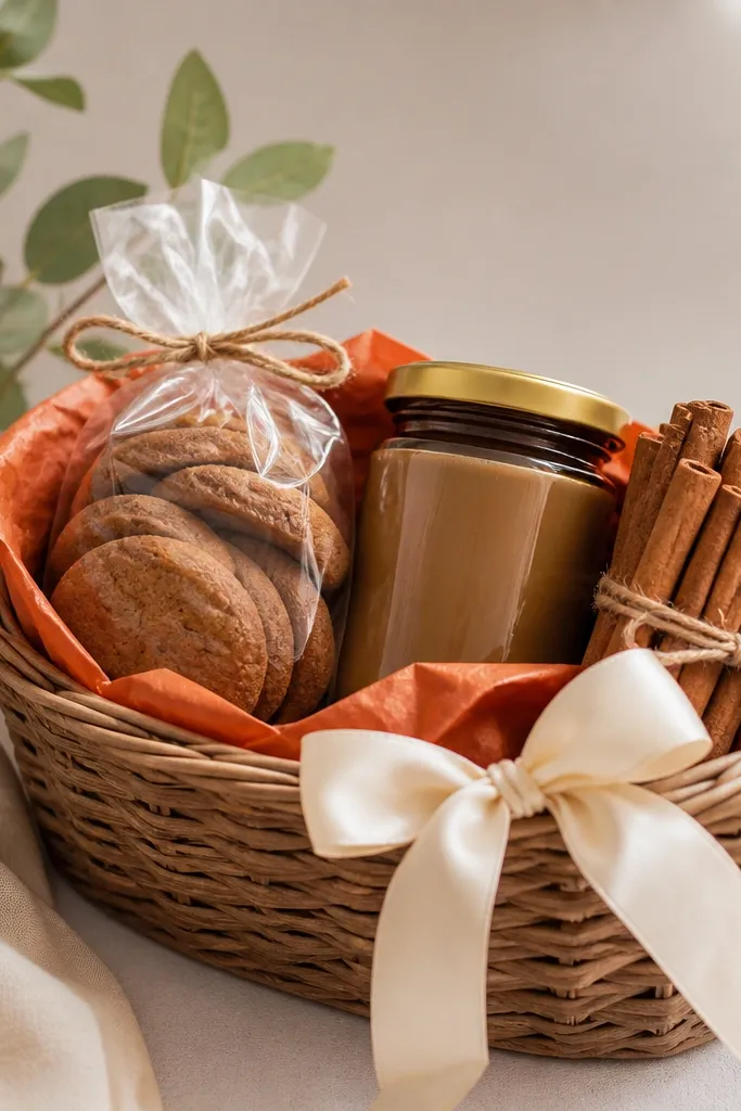 A small wicker basket with orange tissue, a jar of cardamom tea concentrate, a packet of spiced cookies, a cinnamon stick bundle, and a cream ribbon bow.