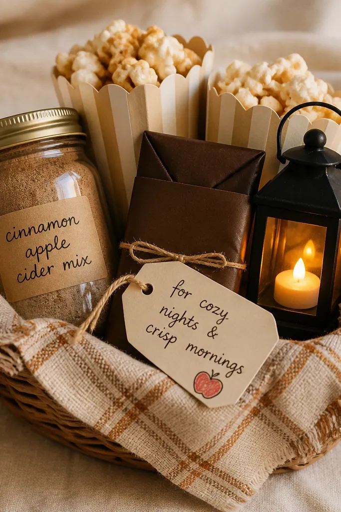 A mini boo basket lined with tan plaid fabric, filled with a small jar of cinnamon apple cider mix, two paper popcorn cups, a dark chocolate bar wrapped in matte brown paper, and a mini lantern-shaped tea light holder. A handwritten tag sits on top with black ink and a tiny red apple doodle; warm amber light glows from the tea light.