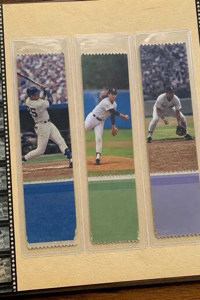 Row of ticket stubs in small pockets with a film-strip border