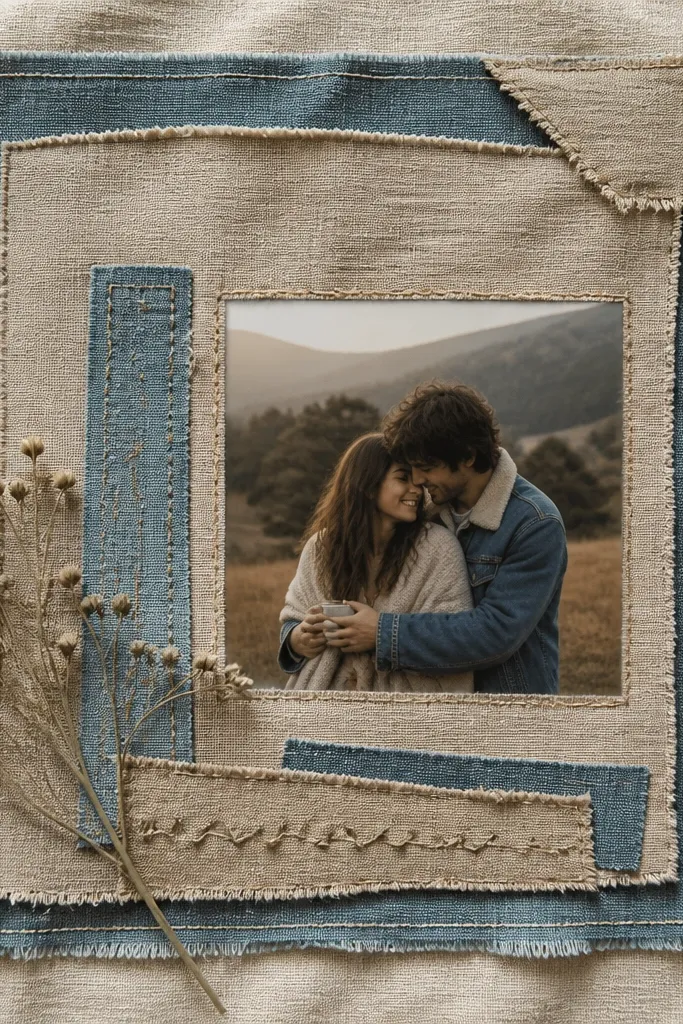 set on layered fabric scraps on a linen-like background
