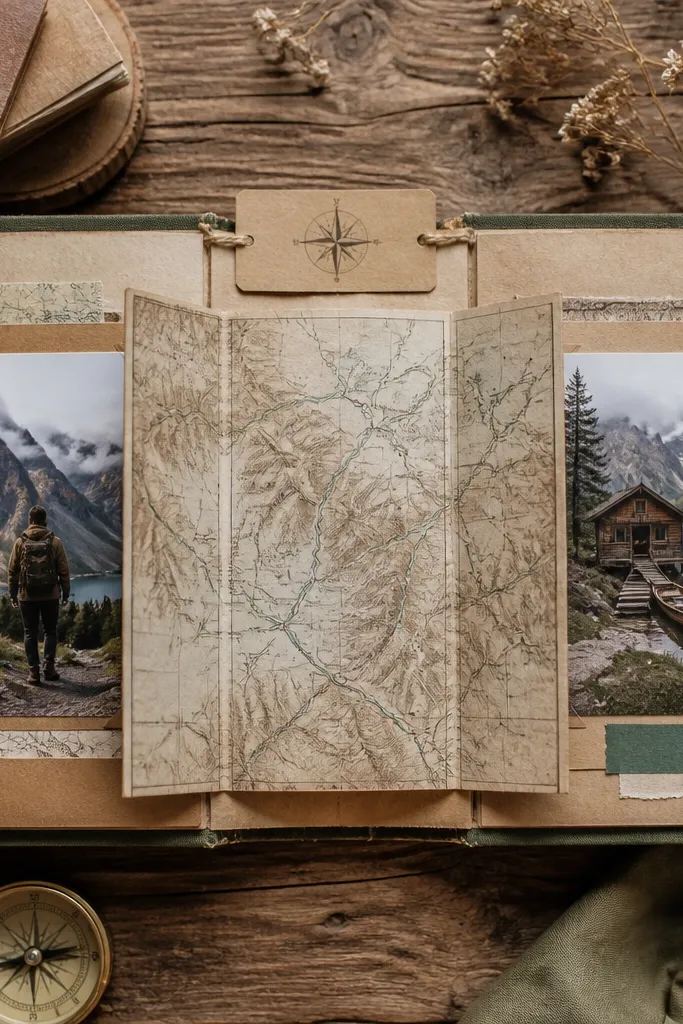 Fold-out map panel with two photos and a handwritten route label