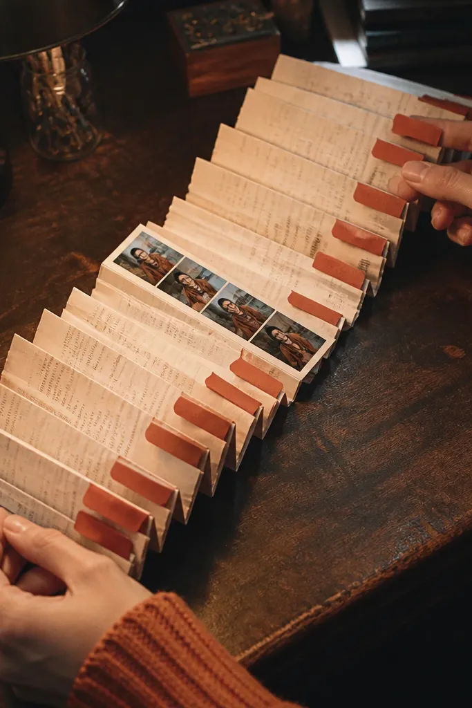 Accordion of receipts with small photos and a single accent color