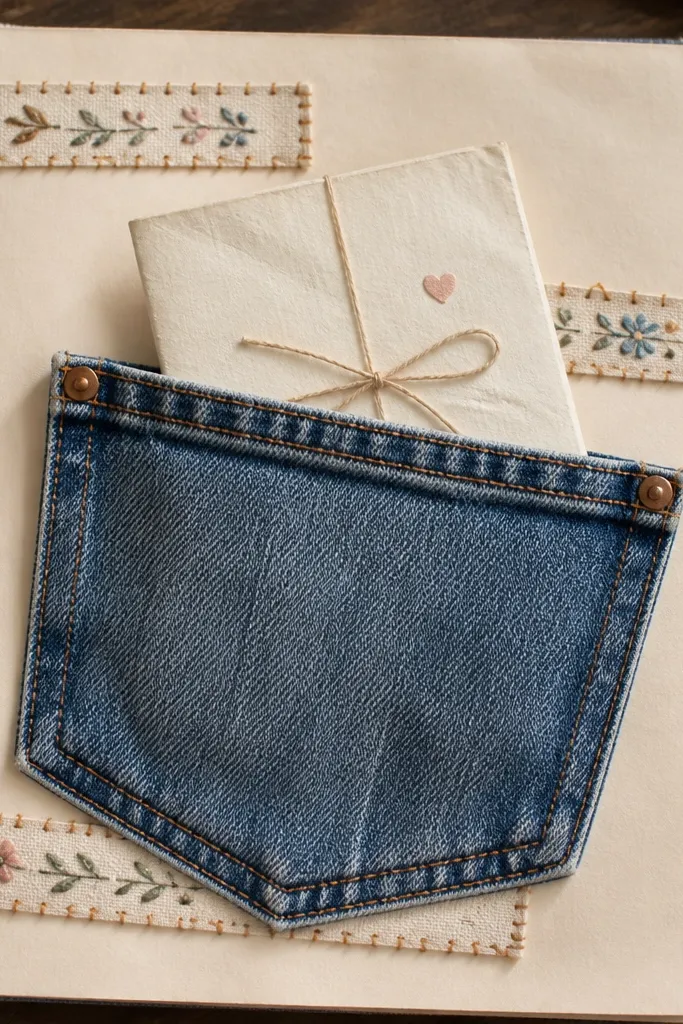 Denim pocket with small captions and a couple centered