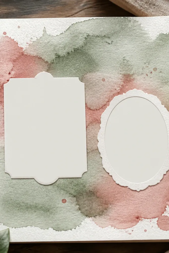 Watercolor wash background with frames and sticker-shaped negative space