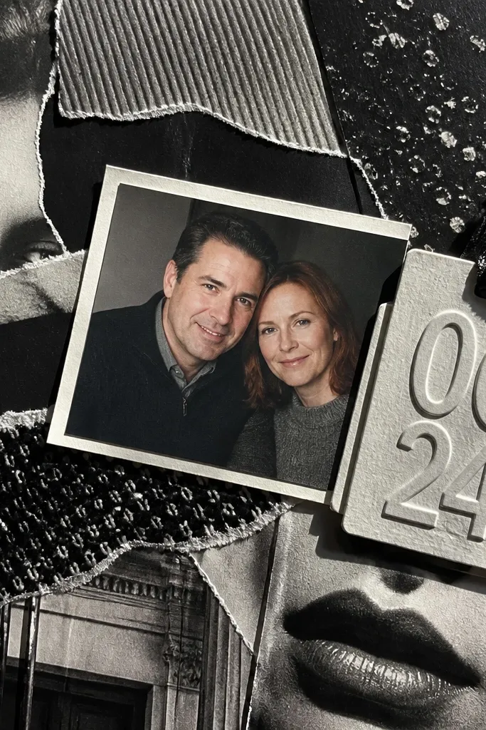 Black and white magazine cutouts arranged with a date label tag