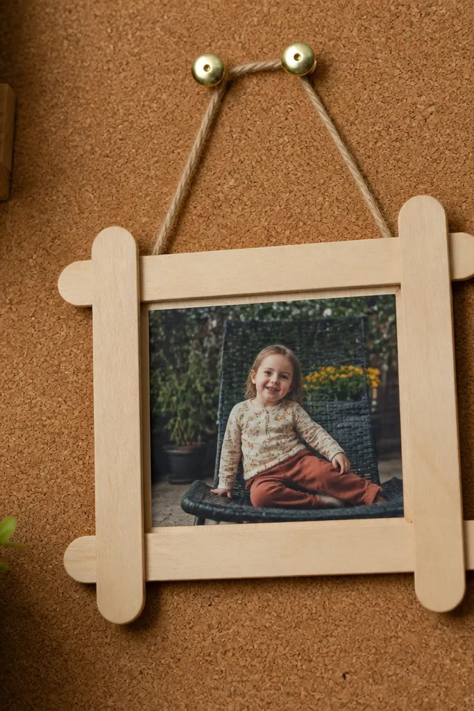Mini print hanging from twine on a popsicle stick frame