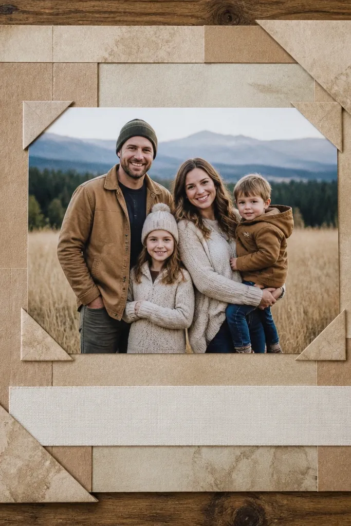Strips of paper bag used as corners with a centered caption strip
