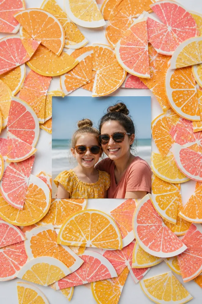 Cut paper citrus slices scattered behind a