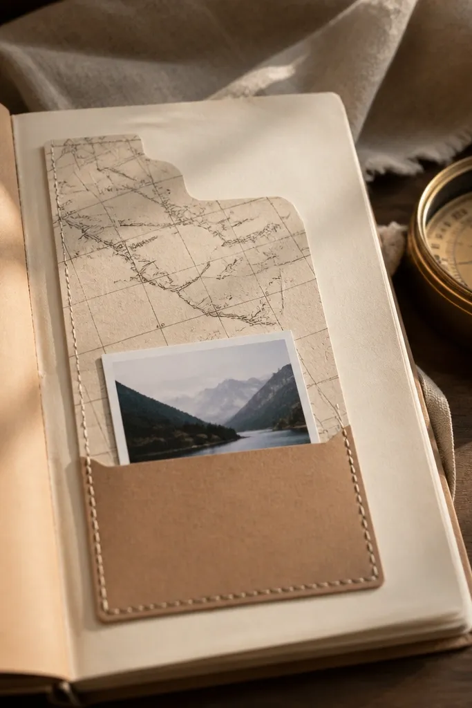 Bookmark strip with coordinates and a small pocket on a page