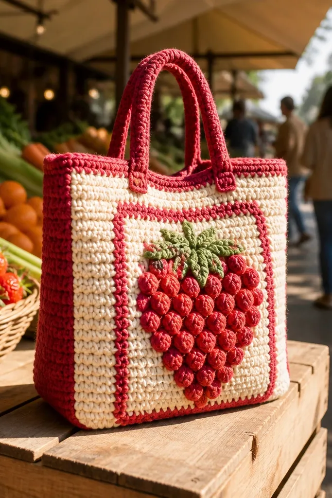 Red-and-cream crochet tote with a raised strawberry pattern on the front