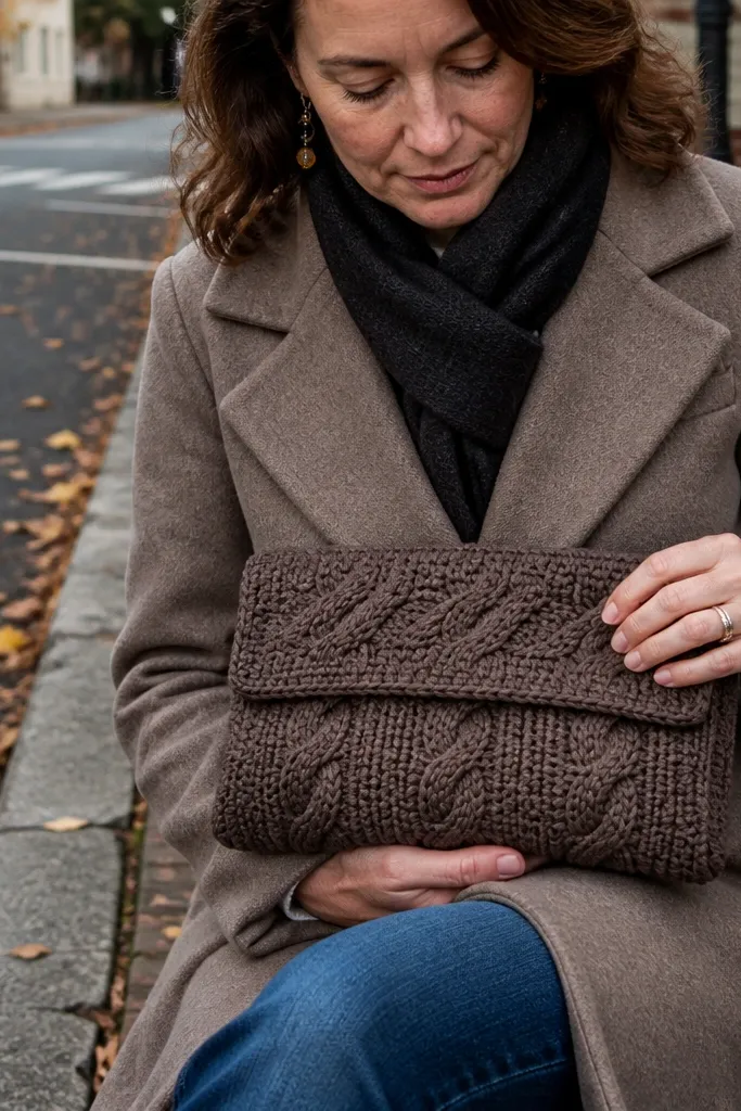 Brown crochet clutch with a braided cable texture and a small flap closure