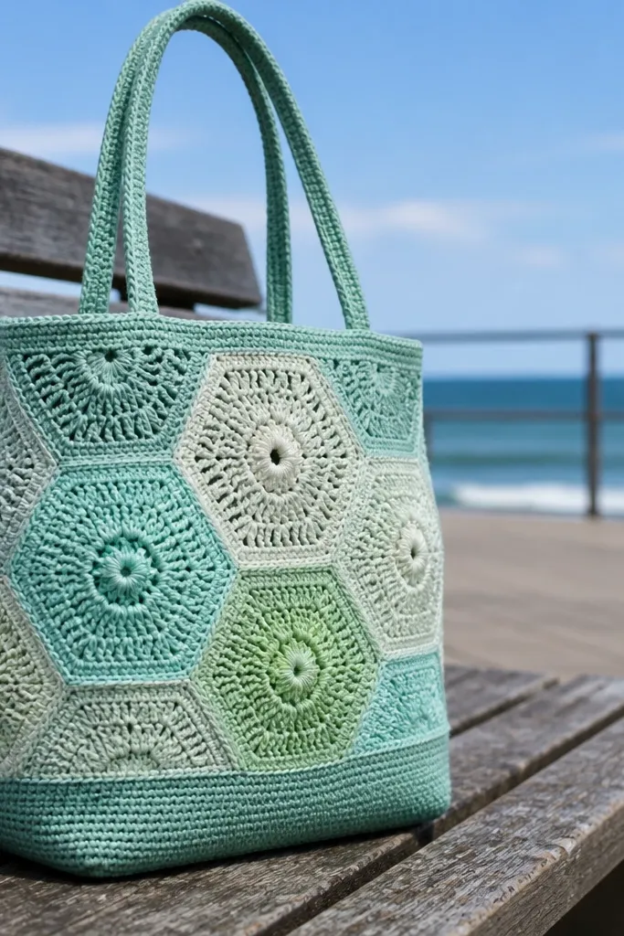 Pastel hexagon crochet tote in mint, teal, and seafoam colors