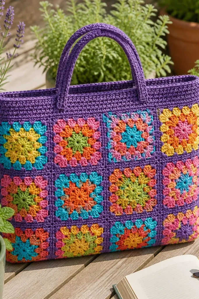 Colorful granny square tote with a smooth top border and sturdy straps