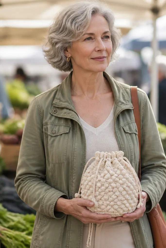 Cream crochet drawstring bag with puff stitch texture and a soft gathered top