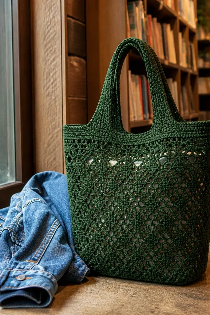 Forest green openwork crochet tote with a smooth lining and straight straps