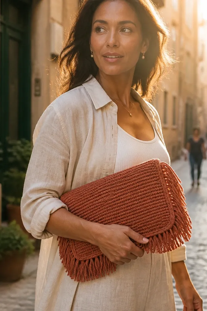 Terracotta crochet clutch with fringe trim along the bottom edge