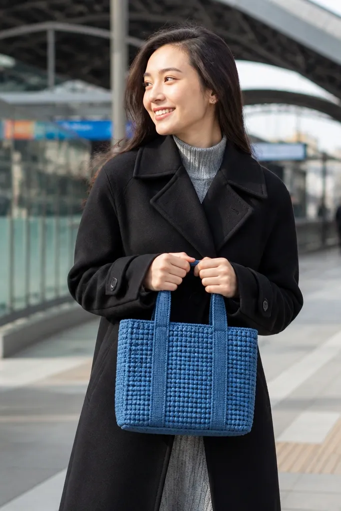 Denim blue mini crochet tote with a stitched grid pattern