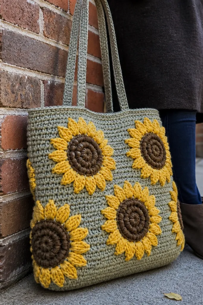 Yellow and green crochet tote with raised sunflower petal motifs on the front