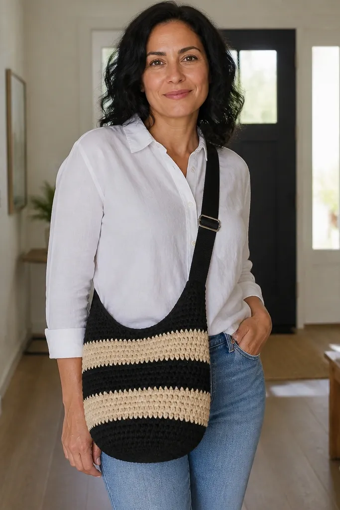 Black and oatmeal striped crochet sling bag with a buckle strap
