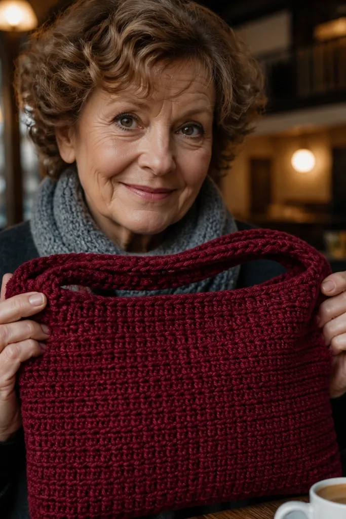 Deep burgundy crochet bag with a raised, knit-like texture