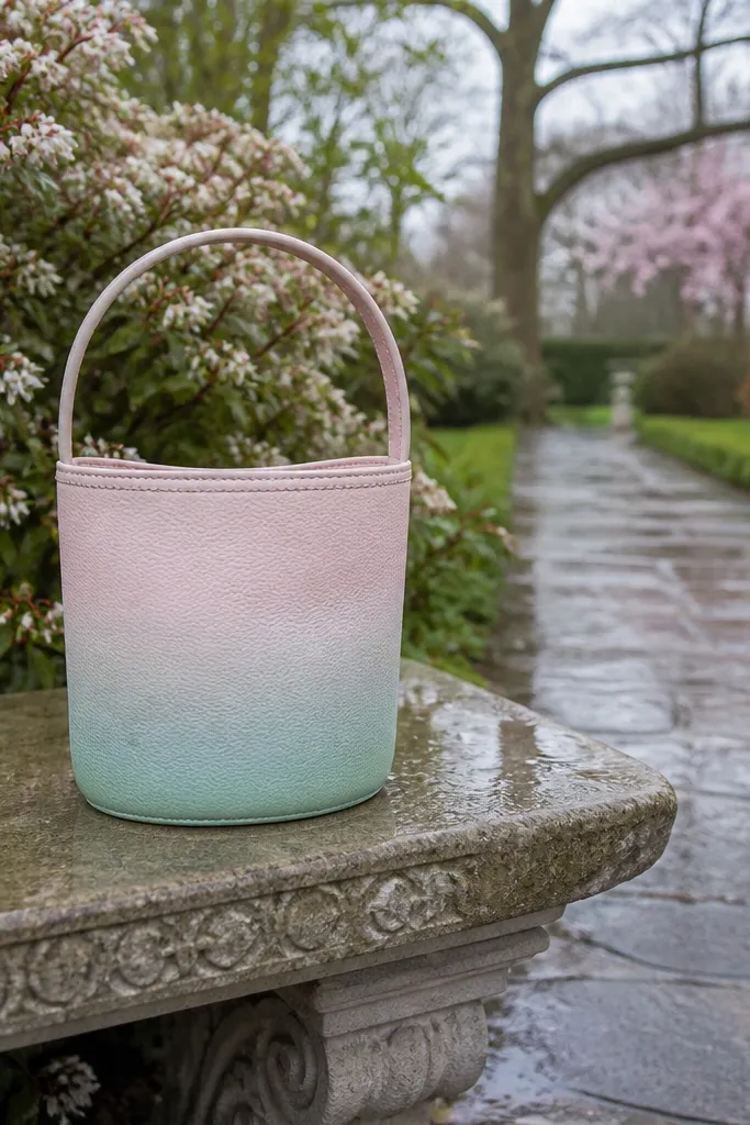 Pastel ombre crochet bucket bag with a structured top rim