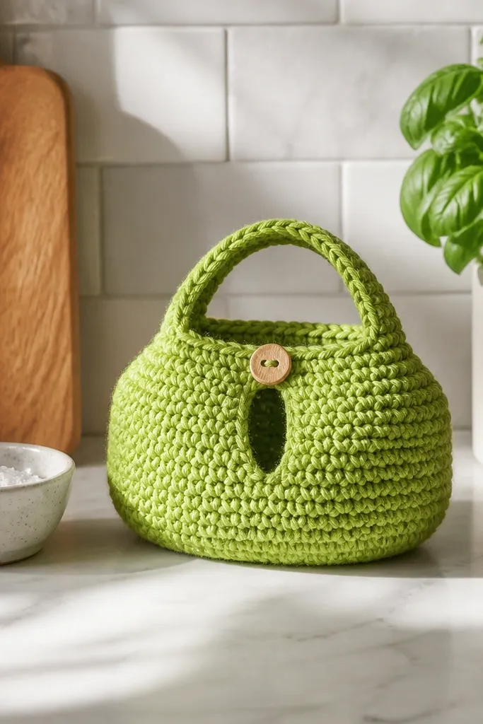 Lime green crochet bag with a keyhole opening and a small button