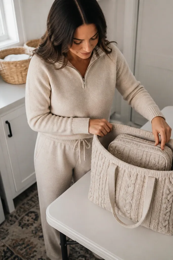 Oatmeal crochet tote with cable texture and a small matching pouch