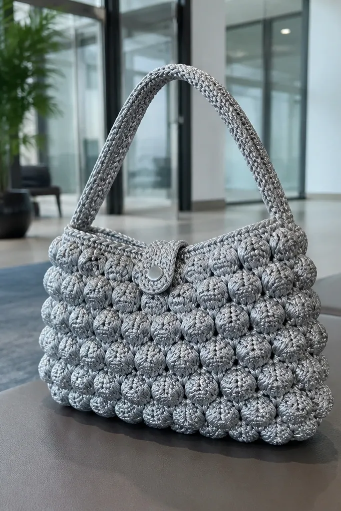Silver-gray crochet shoulder bag with puff stitch texture and a button tab