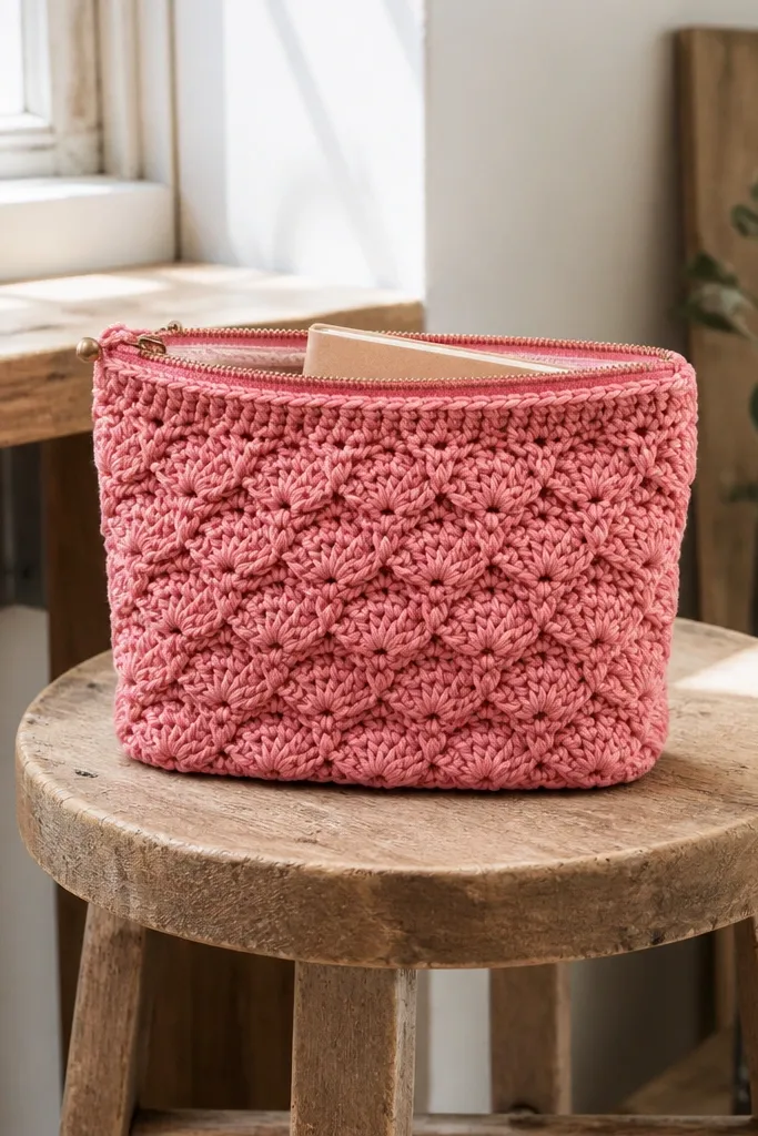 Rose pink crochet bag with clamshell pattern and a top zipper
