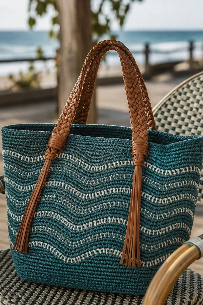 Teal crochet tote with wave stitch texture and braided strap ends