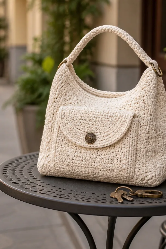 Cream crochet handbag with a front pocket flap and button closure