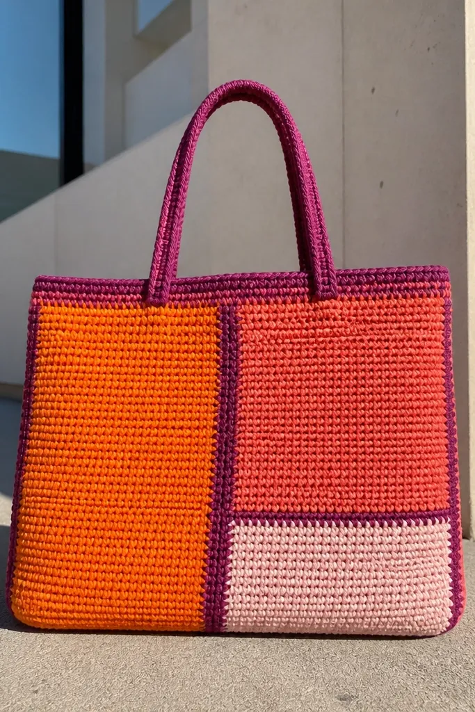 Sunset orange and pink crochet tote with contrasting edging and firm straps