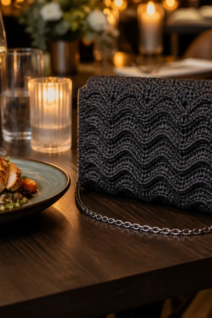 Charcoal crochet clutch with wave texture and a short chain strap