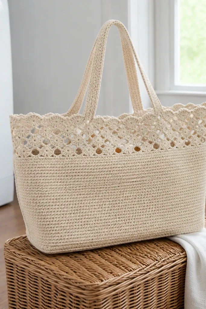 Ivory crochet tote with a lace-like border and sturdy handles