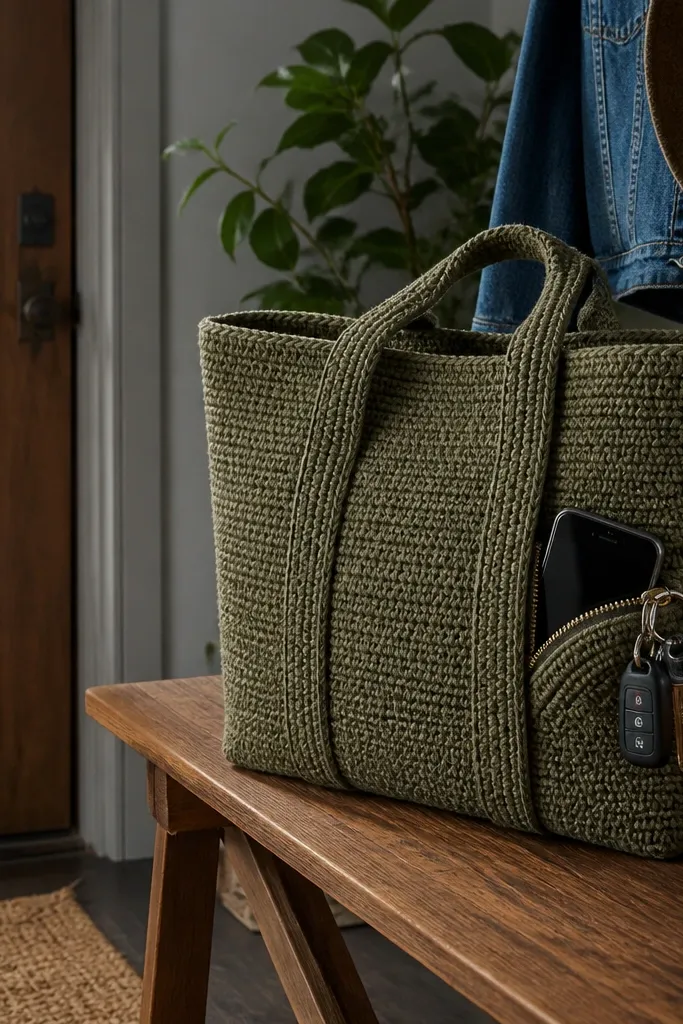 Olive crochet tote with a zippered side pocket and clean straps