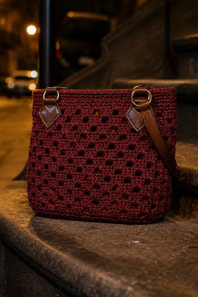 Oxblood crochet bag with granny stripe pattern and leather-like strap tabs