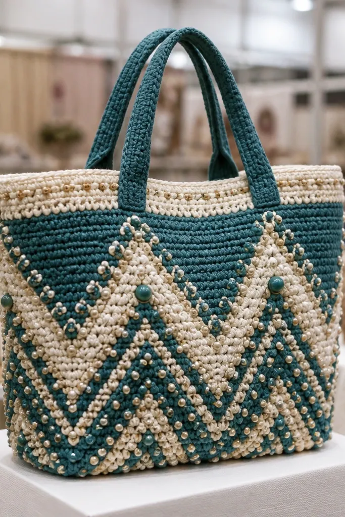 Teal and cream crochet tote with a bead-like decorative pattern
