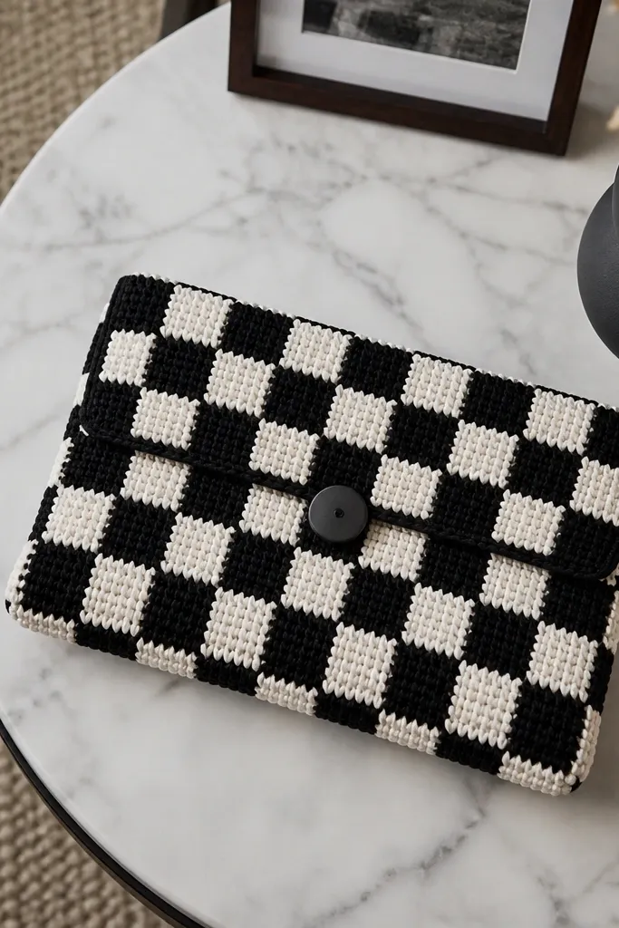 Black and white checker crochet clutch with a centered button closure