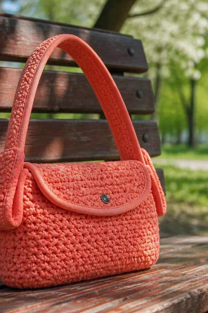 Coral crochet shoulder bag with rolled handle edges and a simple flap