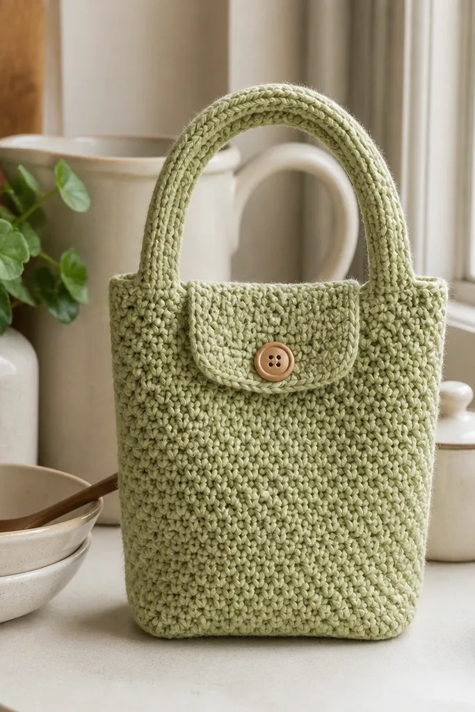Pistachio green mini crochet tote with a buttoned top flap