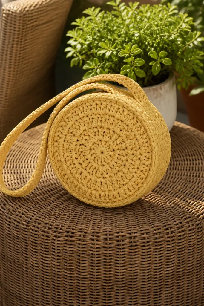 Butter yellow crochet bag made from granny circle panels with a snap closure