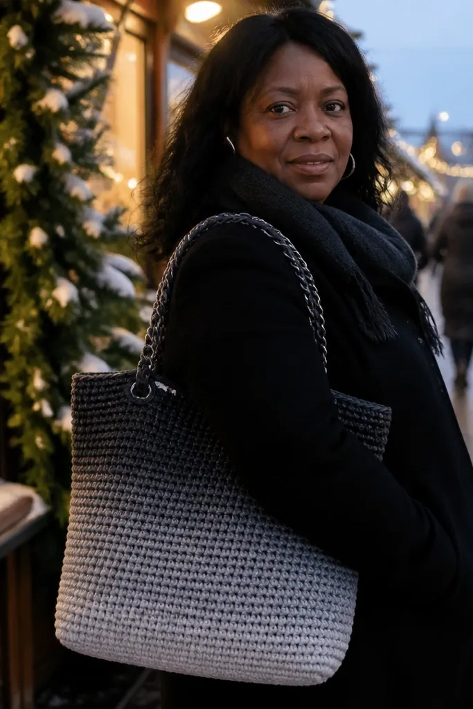 Charcoal to silver ombre crochet tote with chain-trim handle details
