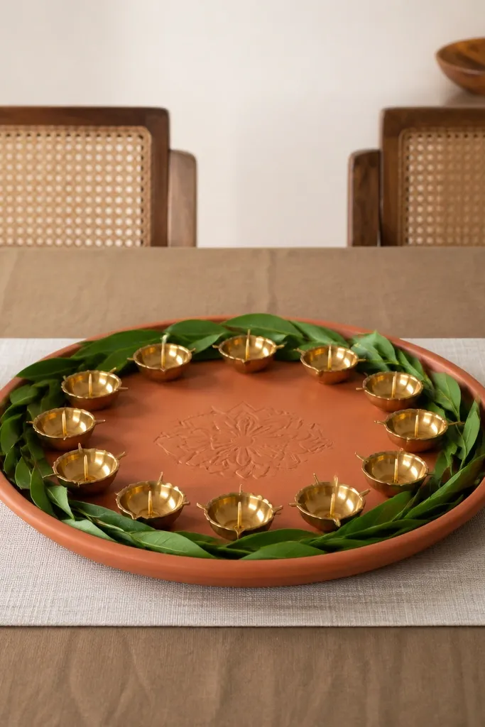 A round terracotta-colored tray centered on a dining table. Small brass diya cups sit in a ring. Fresh-looking mango leaf garland forms a thin border around the cups. Two white ceramic bud vases flank the tray with a single green stem each.