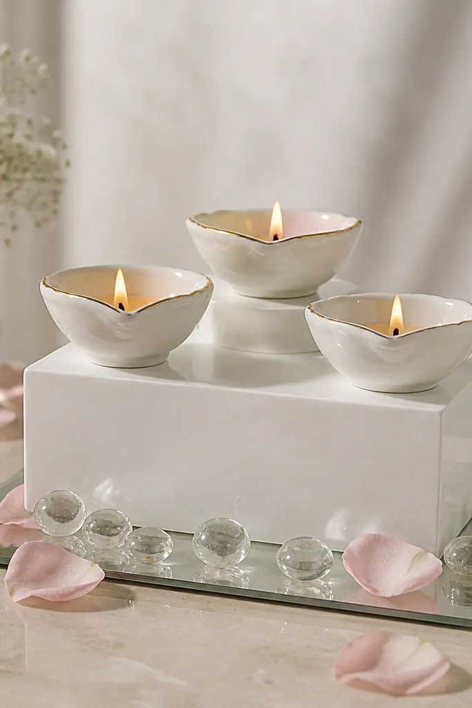 A rectangular white ceramic block sits on a mirrored plate. Three shallow diya cups are placed on top at different heights. Around the base are small clear glass pebbles and a few scattered rose petals in pale pink.